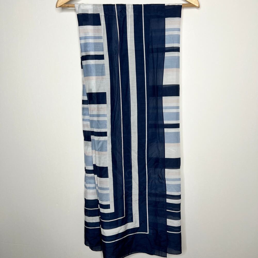 Cuyana Large Navy Blue Light Blue Pink Grey Striped Cotton/Silk Scarf Italy
